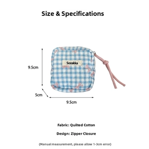 Quilted cotton pouch dimensions 9.5x9.5x5cm showing blue checkered pattern and pink bow