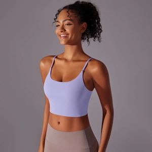 Detail showing the thin straps and textured lavender purple high-impact sports bra