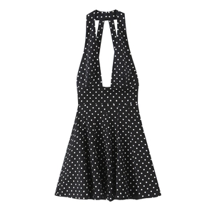 Robe Courte À Pois Dos Nu Licou Femme Col En V Sans Manches Polyester Élégant Vintage Ligne A Fête Chic
