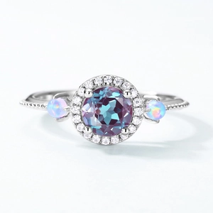 S925 sterling silver ring with alexandrite center stone and opal side accents