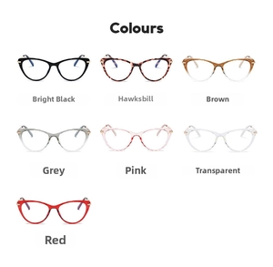Detailed grid display of cat-eye TR90 metal frame glasses in seven stylish color variants