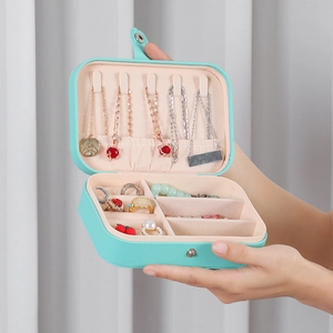 Portable mint green PU leather jewelry organizer box with necklace hooks and ring slots