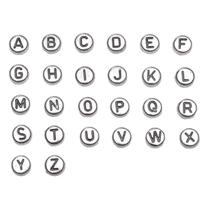 Set of 26 silver 4x7mm acrylic alphabet beads with A-Z black engraved letters