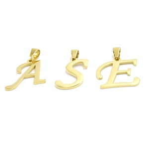 Polished gold stainless steel alphabet pendants A S and E with pinch bails for necklaces