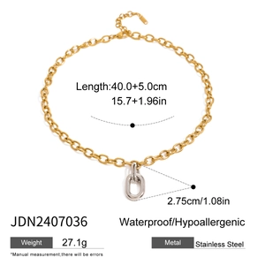 Detail of two-tone stainless steel chain necklace with size and weight specifications