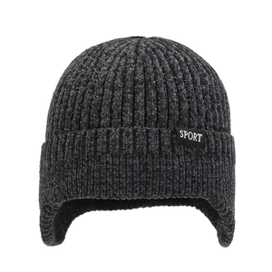 Winter dark gray knit trapper hat with ribbed texture and SPORT label for cold weather