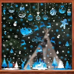 Christmas Window Stickers Static PVC Decals Reindeer Snowflake Santa Claus Winter Holiday Glass Decor Blue Watercolor