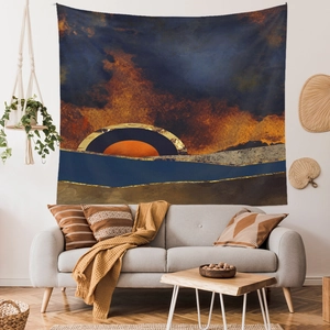 Detailed texture of abstract landscape tapestry with gold leaf lines and sunset clouds