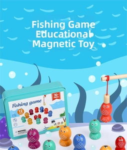 Close-up of 12 colorful wooden magnetic fish and a rod inside a portable tin box