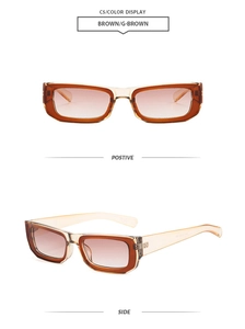 Front and side view of vintage square sunglasses with transparent brown frames and lenses