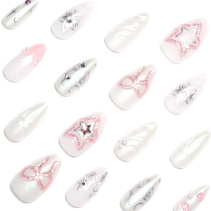 3D star and pearl press-on nail kit with pink cat-eye stiletto false nails