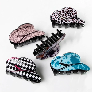 Set of five glossy cowboy hat hair claws with leopard and checkerboard patterns