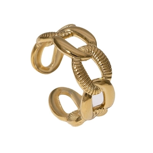 Adjustable gold chain ring with interlocking oval links and textured metal finish