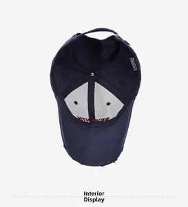 Inside view of navy cotton baseball cap with SEVENTEEN embroidery and frayed brim detail
