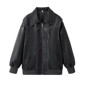 Black PU leather biker jacket with white contrast stitching and ribbed knit trims