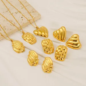 Geometric Textured Jewelry Women Stainless Steel 18K Gold Plated Necklace And Earrings Elegant Fashion Trendy Accessories