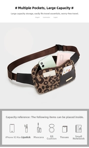 Leopard print waist bag showing large capacity for phone and essentials