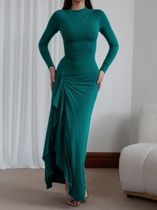 Slim fit long sleeve dark green maxi dress with ruched details and asymmetrical side slit