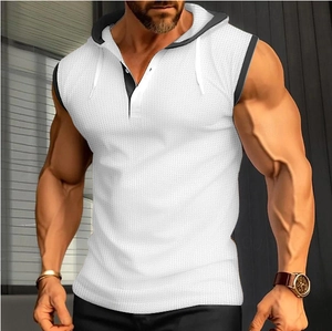 Detail of white waffle texture mesh on men's hooded tank top with button neckline