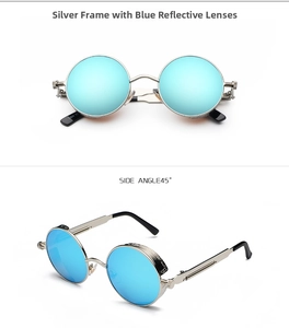 Detail of silver steampunk round sunglasses with blue reflective lenses and spring hinges