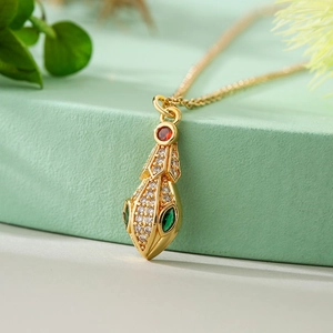 Bohemian gold plated snake pendant necklace with red and green zircon gemstones