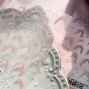 Nail Art Stickers Lace Bows Pink White Veil Embossed Adhesive Decals Lolita Sweet Style For Women DIY Decoration