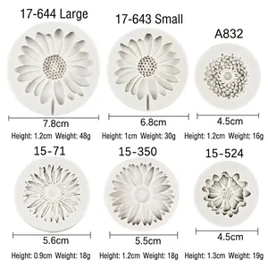 Sunflower and daisy silicone cake mold size guide with dimensions for various flower designs
