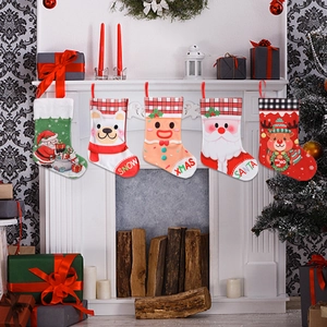 Christmas Stockings Large Brushed Fabric Plaid Cuff Hanging Gift Bags For Holiday Fireplace Tree Decoration Cartoon Santa