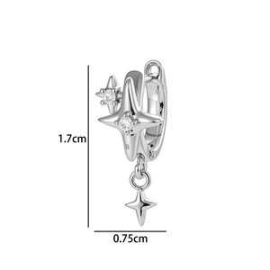 Minimalist silver star pendant earrings with dimensions 1.7cm by 0.75cm on white background