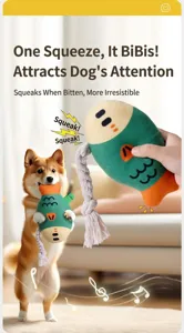 Close-up of squeaky fish dog toy with durable cotton rope for teeth cleaning and play