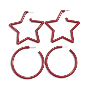 Minimalist burgundy red acrylic star and round hoop earrings set with steel pins
