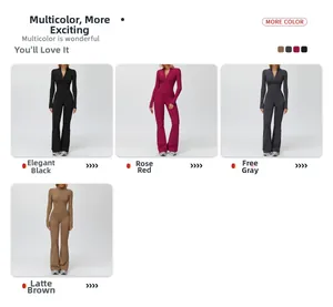 Collage of long sleeve fleece lined yoga jumpsuits in black, red, gray, and latte