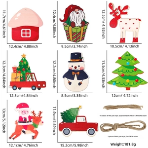 Detailed size specifications for wooden Christmas ornaments with metric and inch measurements