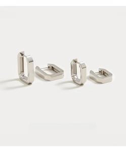 Detailed view of minimalist polished silver rectangular and hexagonal hoop earrings