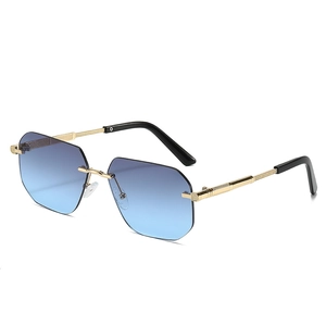 Classic rimless rectangular sunglasses with blue gradient lenses and gold textured metal arms