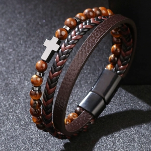 Bracelet multi-rangs en cuir pour homme avec pierres oeil de tigre et croix noire