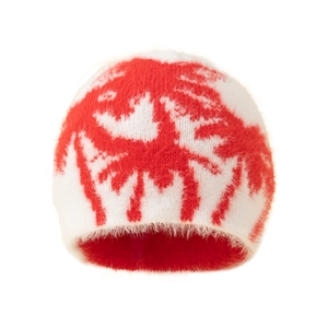 Winter knit beanie with red palm tree patterns and soft plush faux mohair texture