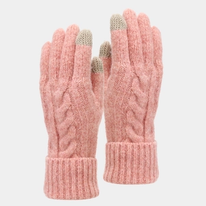Close-up of pink cable knit touchscreen gloves with ribbed cuffs and grey finger tips