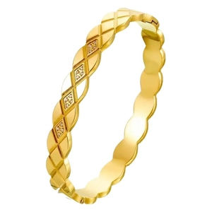 Luxury gold quilted open bangle with sparkling diamond accents for elegant women