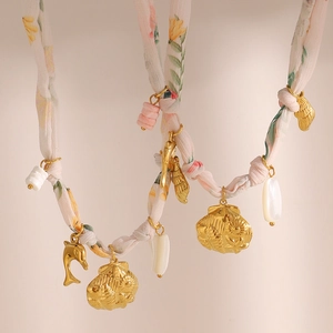 Bohemian Floral Fabric Ribbon Necklace Stainless Steel Gold Plated Dolphin Seashell Scallop Summer Beach Chic Women