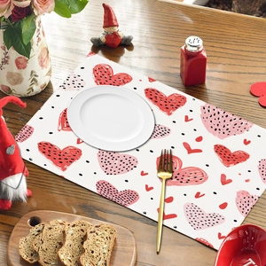 Valentine Red Heart Printed Linen Placemat for Festive Dining and Party Table Decoration