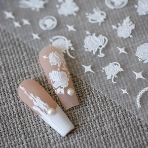 Stickers ongles 5D blancs en relief avec roses et lune pour décoration de manucure DIY