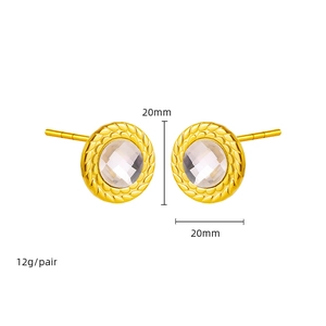 18K gold plated stainless steel round stud earrings with rhinestones and braided texture