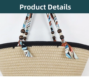 Detail of hand-woven straw tote bag with black fabric trim and colorful silk scarf handle