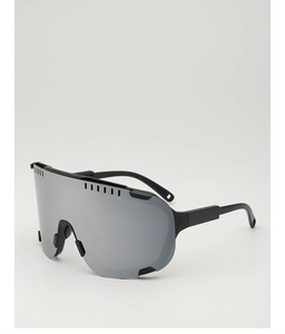 Detail of outdoor cycling sunglasses with silver mirror lenses and black frame