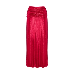 Close-up of metallic red ruched maxi skirt featuring side gathering and elegant drape