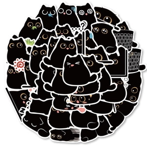 Collection of black cat cartoon stickers with various cute expressions for DIY decor