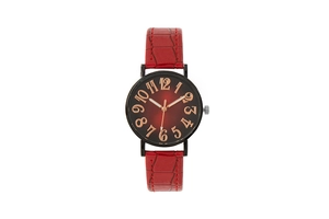 Detail of a fashion women's quartz watch with red crocodile leather strap and gradient dial