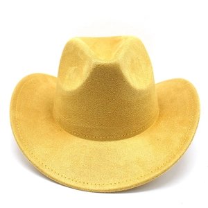 Detailed view of ginger suede western cowboy hat with concave top and stitched wide brim