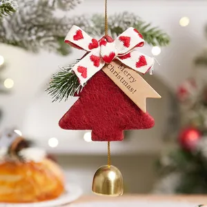 Red Christmas tree felt pendant with gold bell and Merry Christmas wood tag